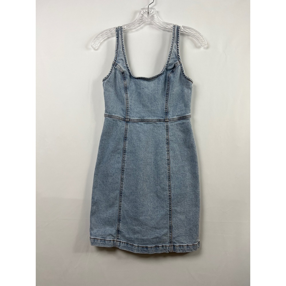 Cotton On Denim Mini Dress Womens XS Blue Seamed Bodycon Zip Back Sleeveless